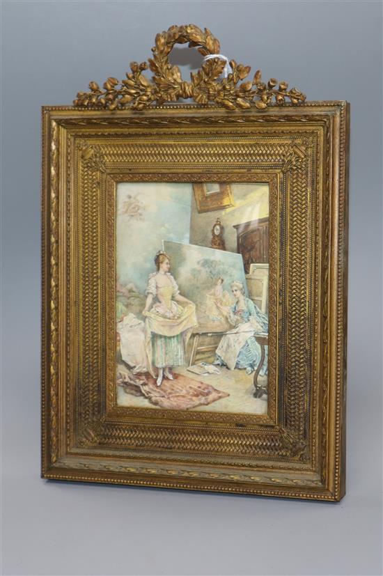 French School circa 1900, oil on ivory, Studio interior with lady artist and model, 13 x 9cm. ornate ormolu frame